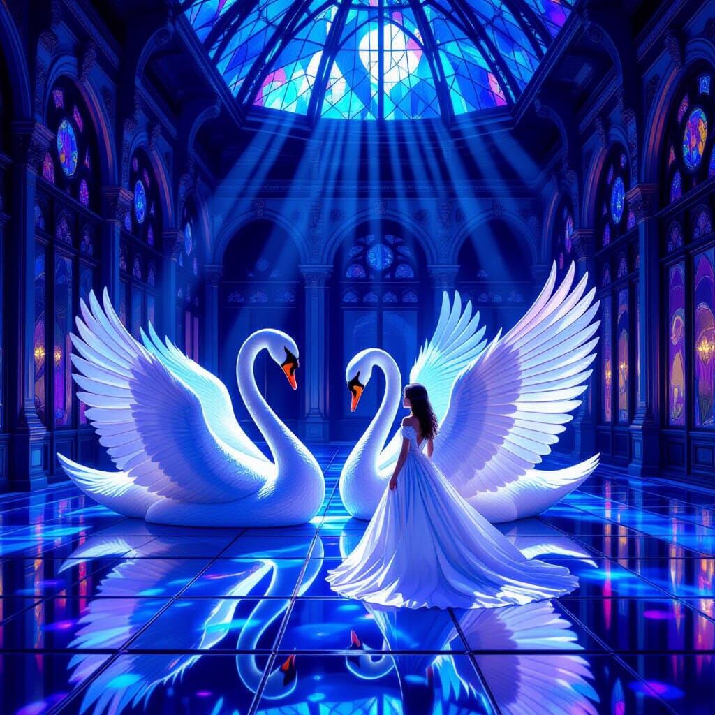 Crystal Palace Courtyard Night Scene with Stained-Glass Swan