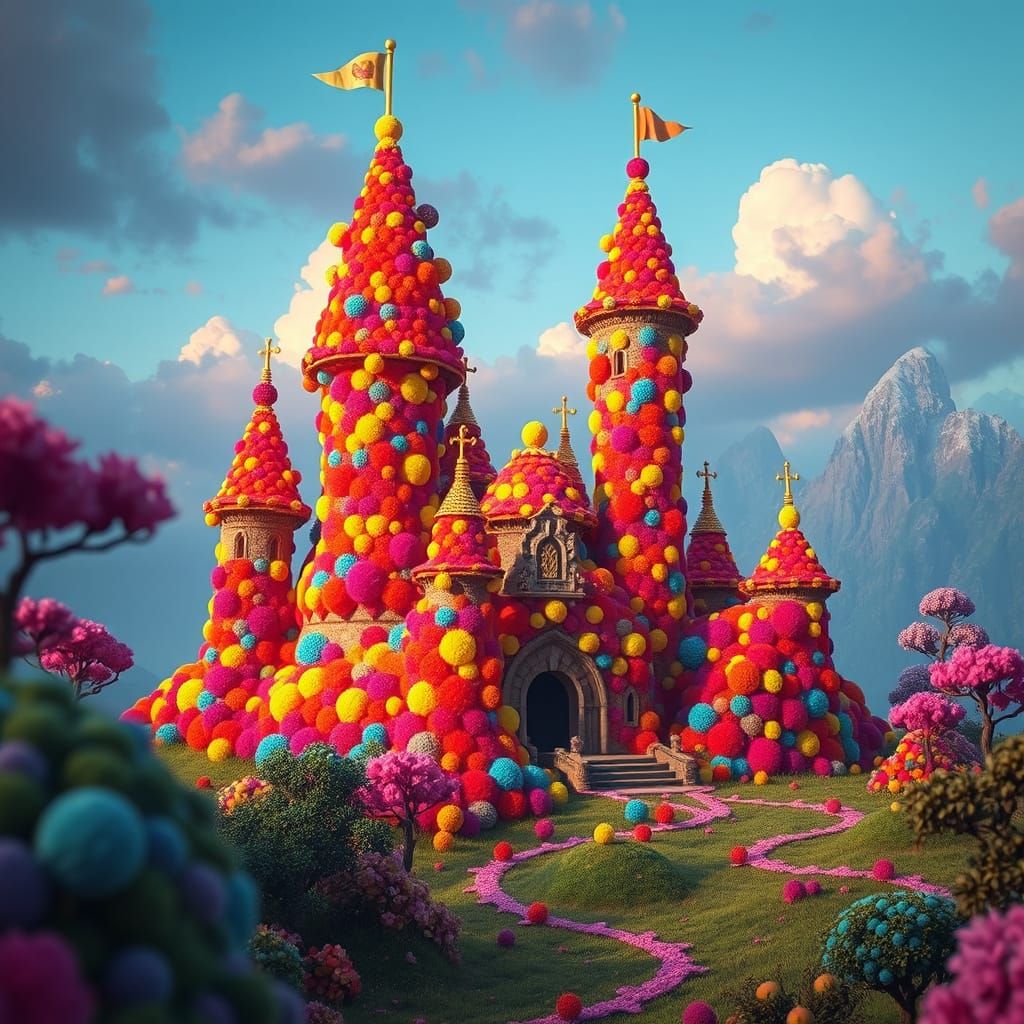 Vibrant Pom Pom Castle in Fantasy Matte Painting Style