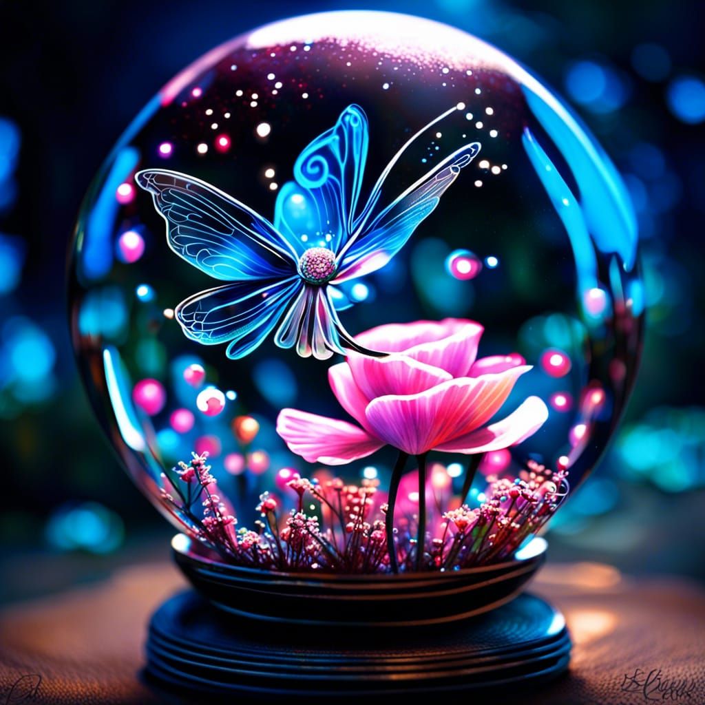 Fairy in Orb with Bioluminescent Flowers as Oil Painting