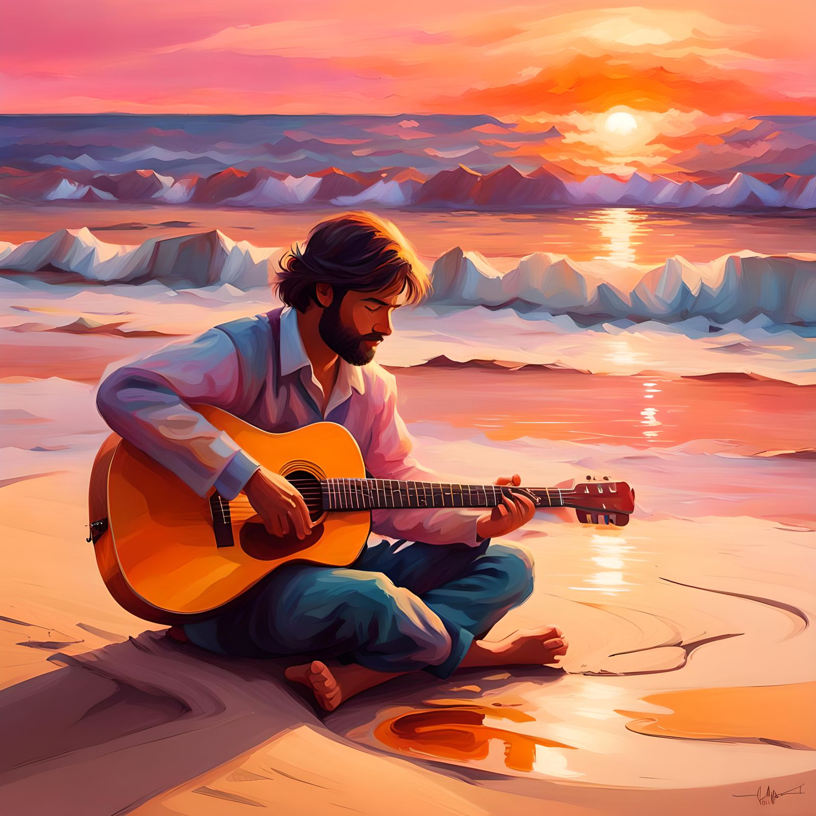Silhouette of Guitarist at Sunset: Digital Painting