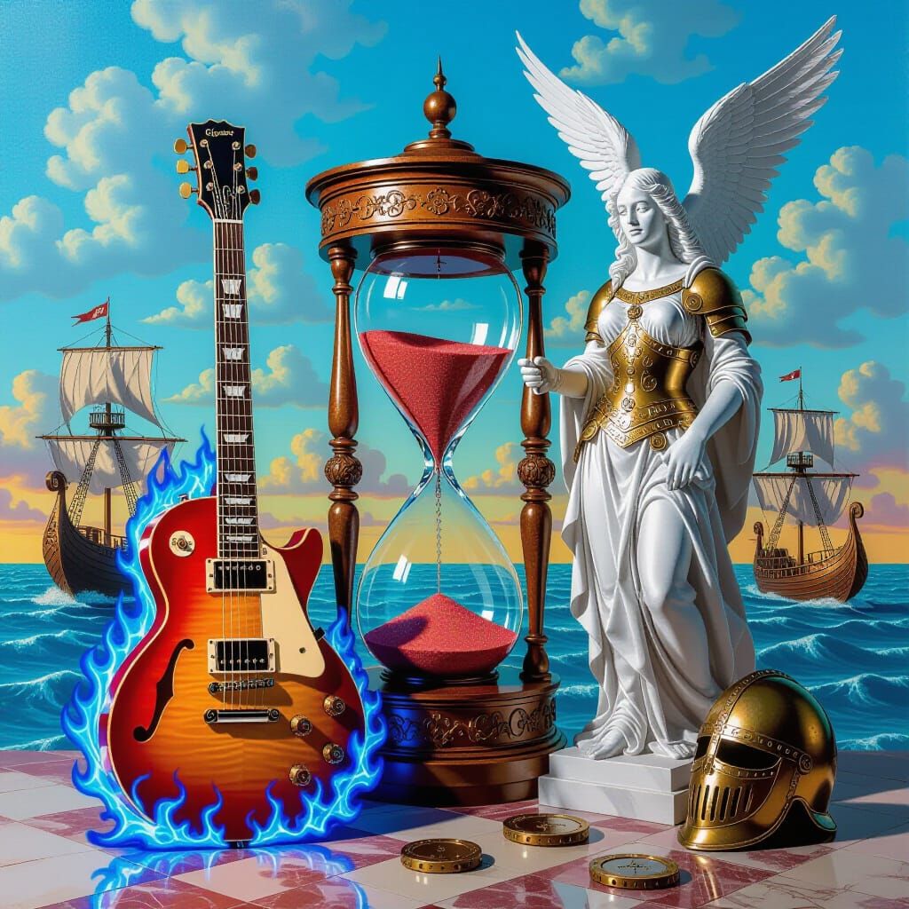 Surreal Dreamscape with Flaming Guitar and Viking Ships