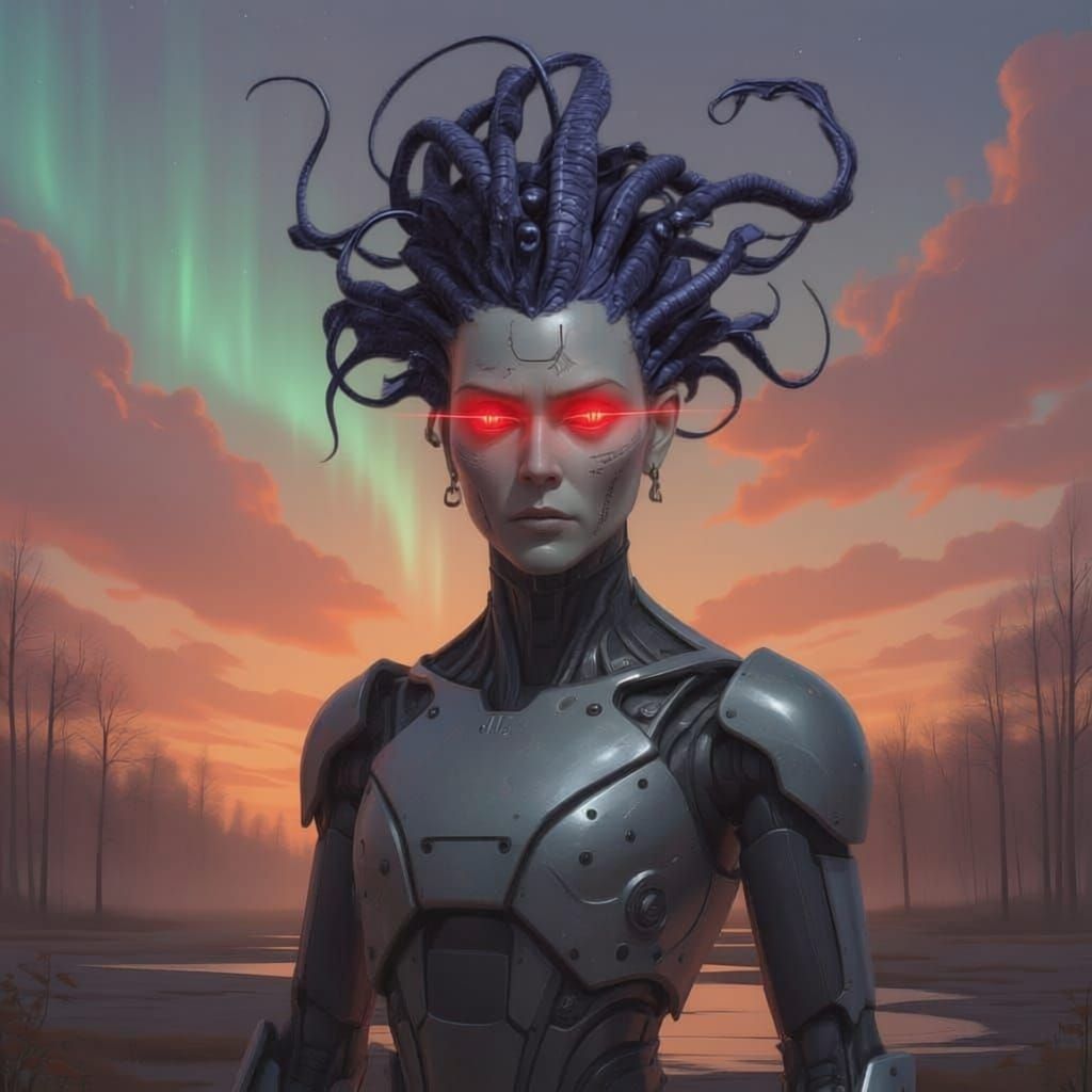 Medusa Spider-Creature with Laser Eyes at Sunset