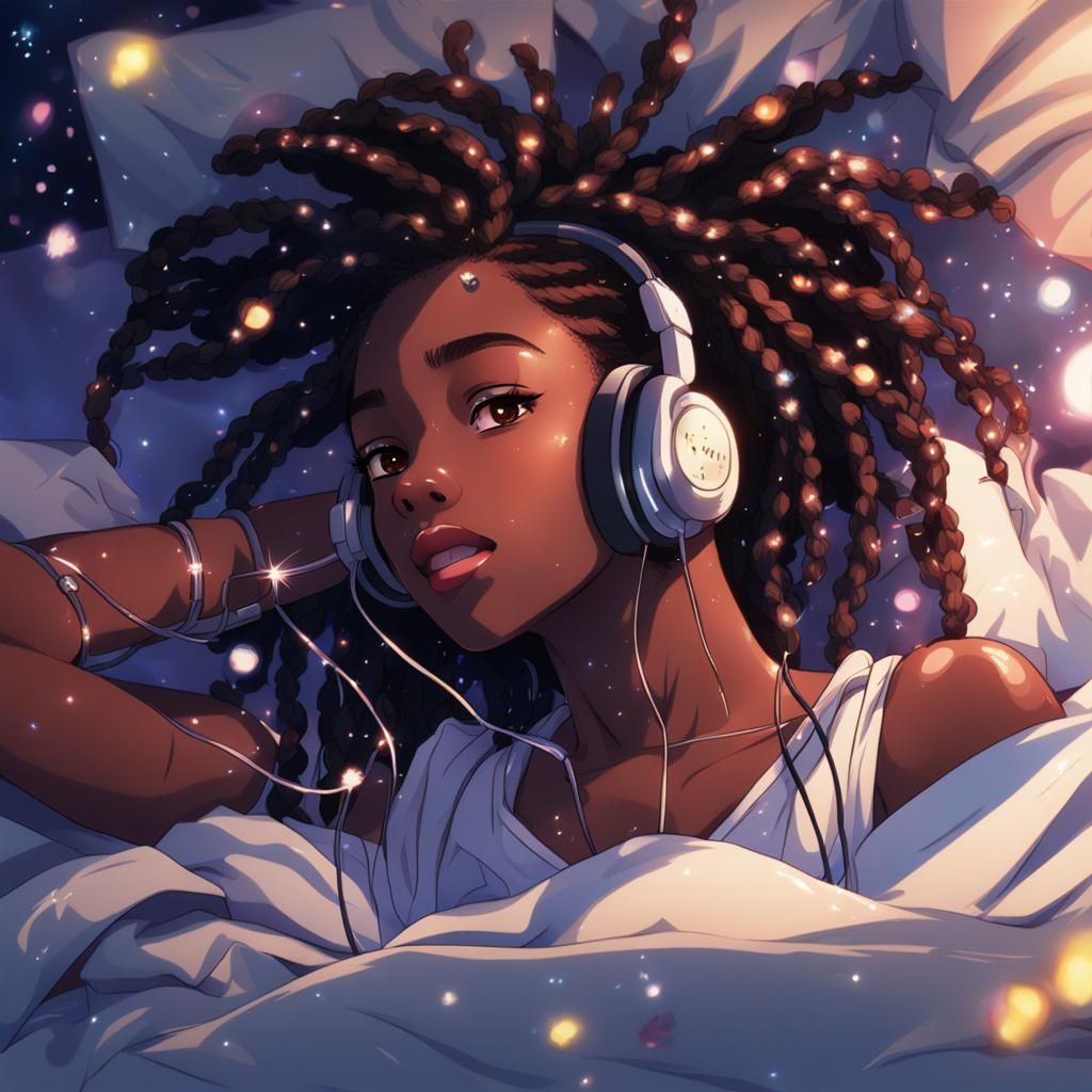 Anime-Style Portrait of a Woman Listening to Music
