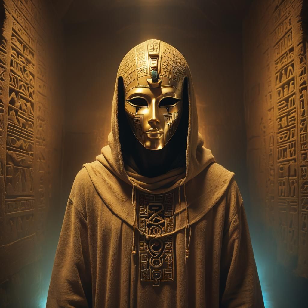 Mystical Hooded Figure in Ancient Chamber