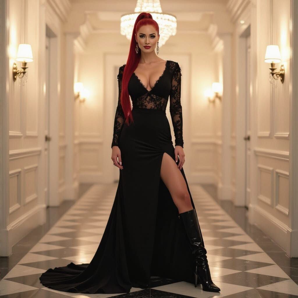 Powerful Goddess in Black Lace Dress with Red Ponytail