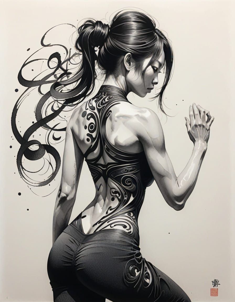 Surreal Calligraphic Yoga Goddess on White Background