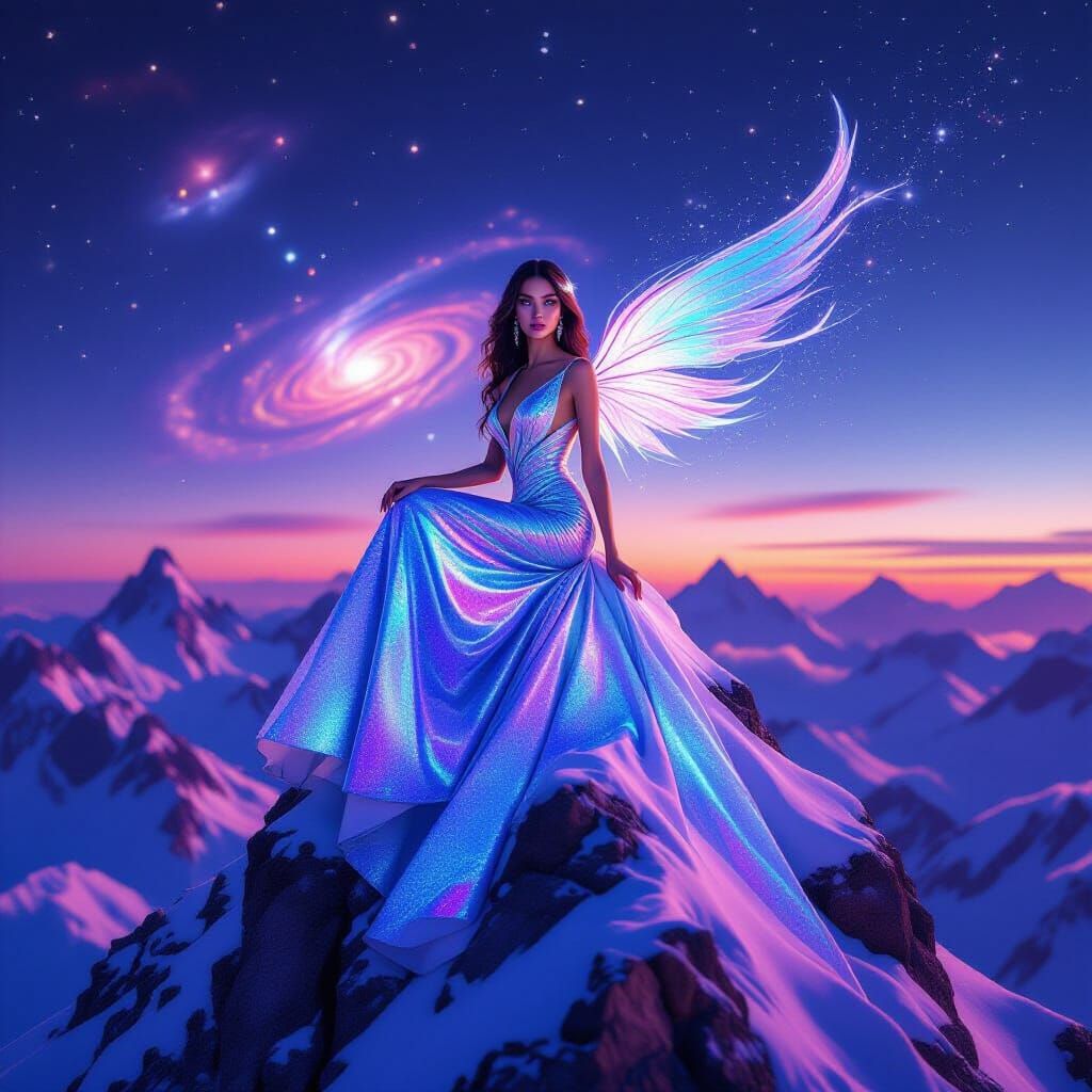 Supermodel on Mountain Peak with Cosmic Energy in Nebula Lig...