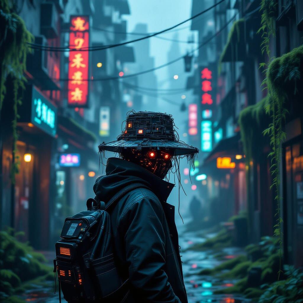Lone Hacker in Decaying Cyberpunk Cityscape