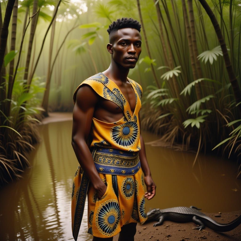Ghanaian Man in Vibrant Kente Cloth by Jungle River