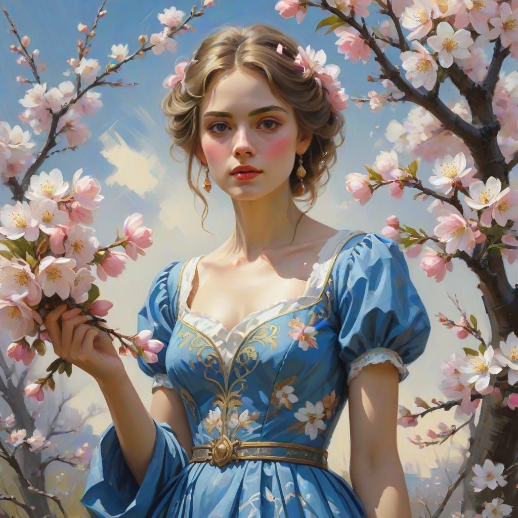 Woman with Blossoms: Impressionistic Oil Painting