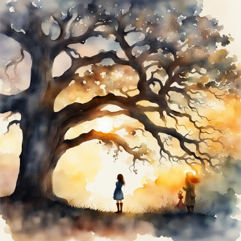 Watercolor Oak Tree Landscape with Silhouette