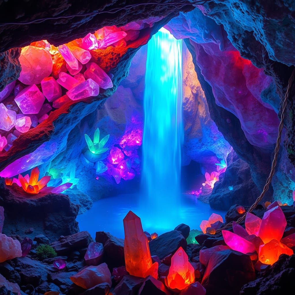 A colorful glowing waterfall cascading inside a cave of crystals and gemstones.