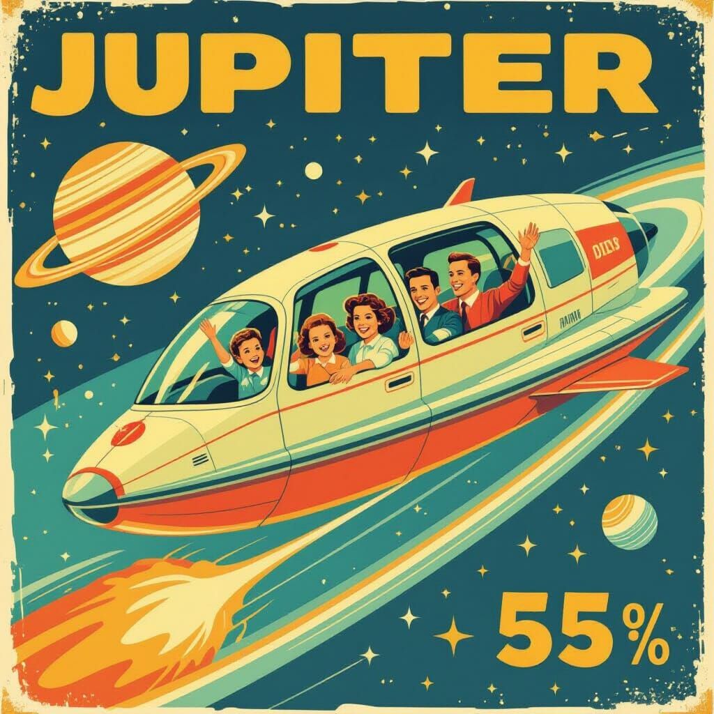 Retro-Futuristic Space Tourism Poster to Jupiter's Moons
