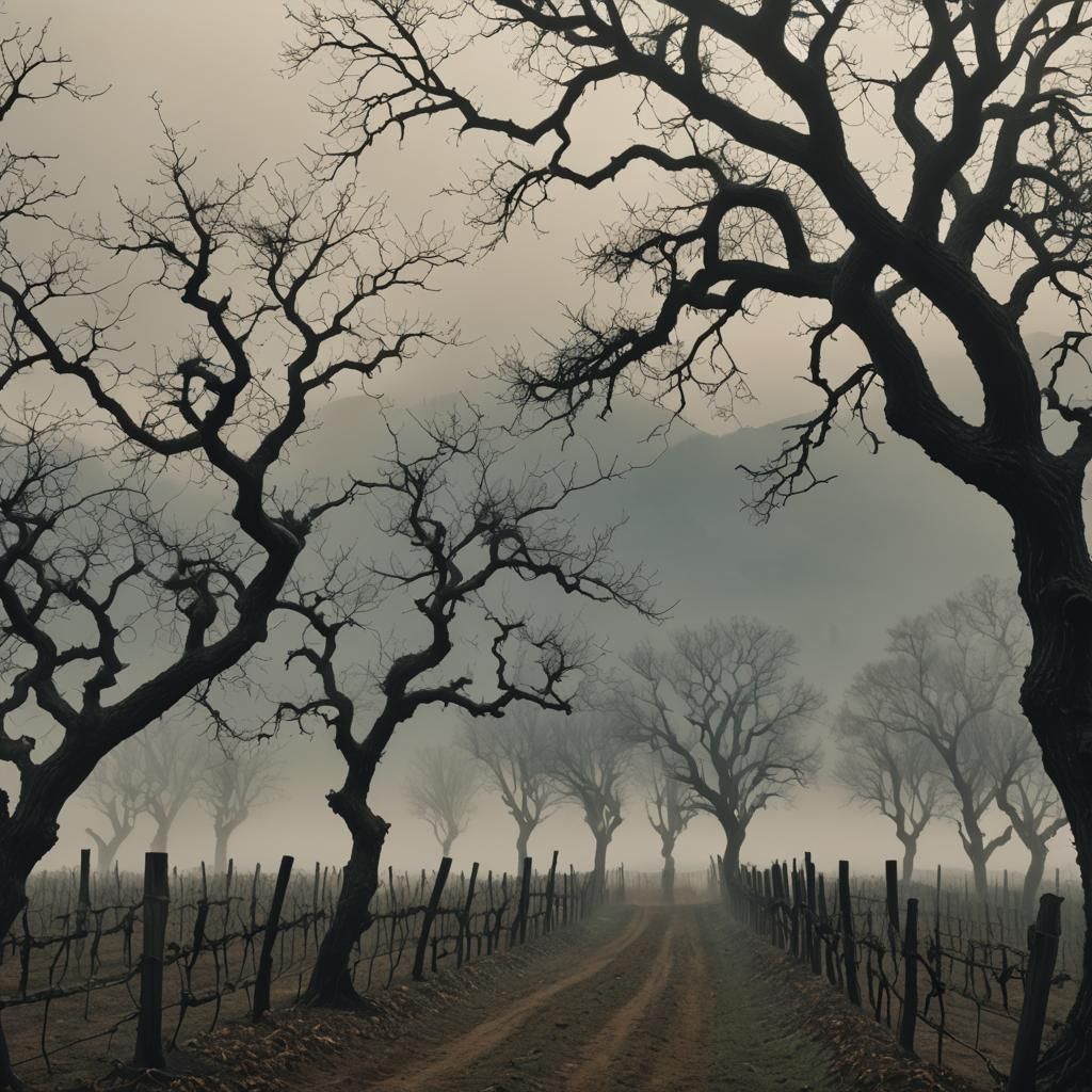 Foggy Vineyard Landscape in Matte Painting Style