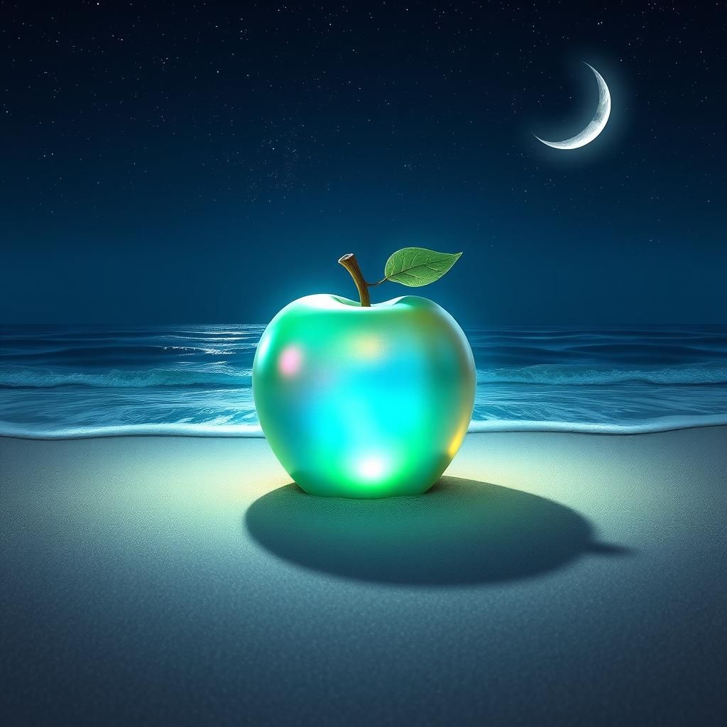 Ethereal Apple on Sandy Shore Under Starry Sky