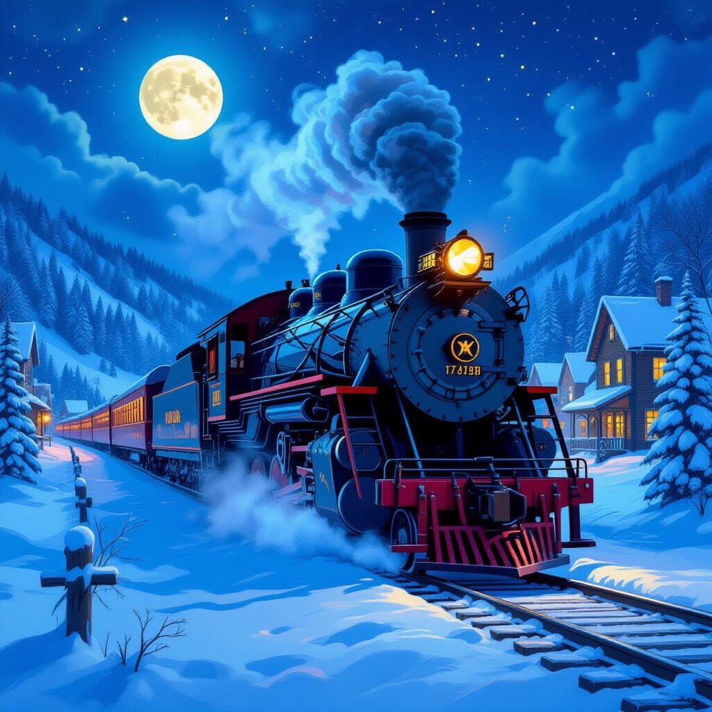 Steam Train Battles Snow in Vibrant Graffiti Style