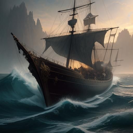 Dark Fantasy Ship at Sea: Greg Rutkowski Style