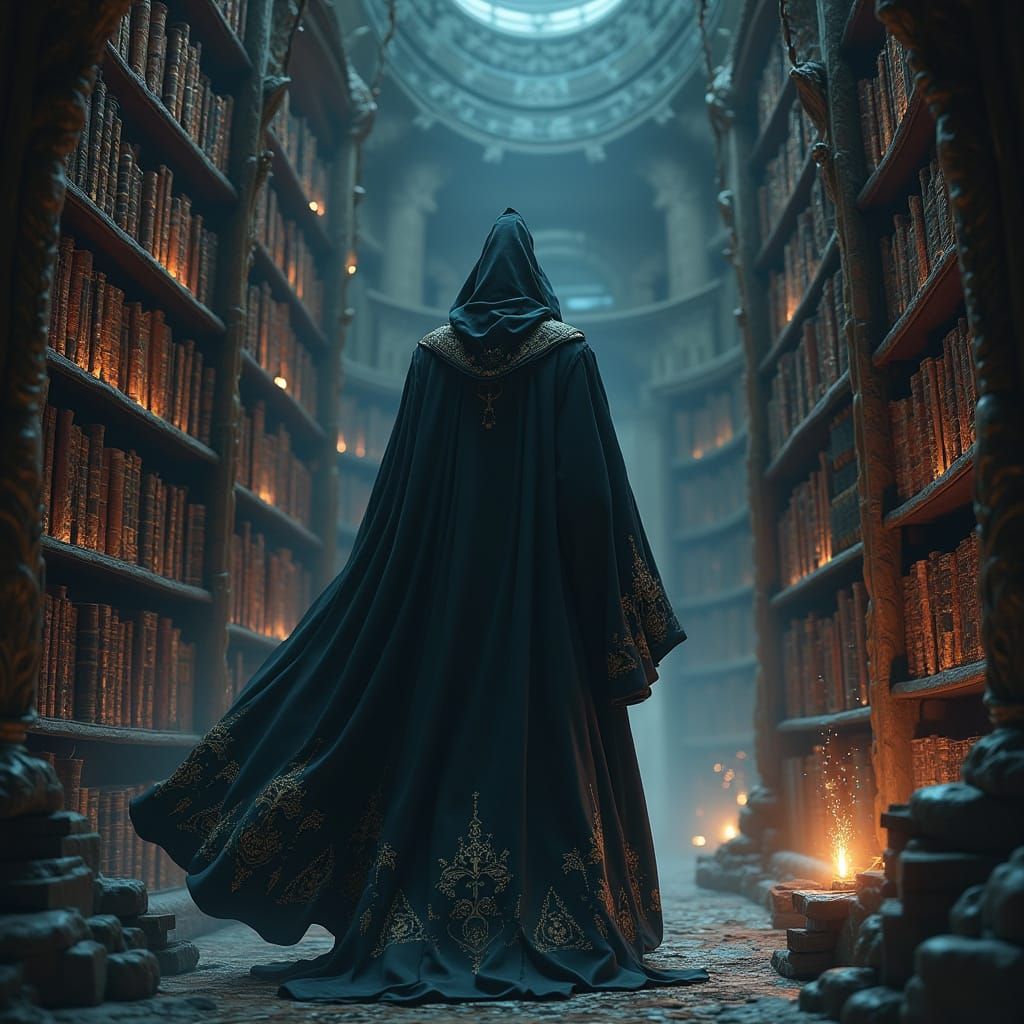 Sorcerer in Ancient Library with Glowing Runes