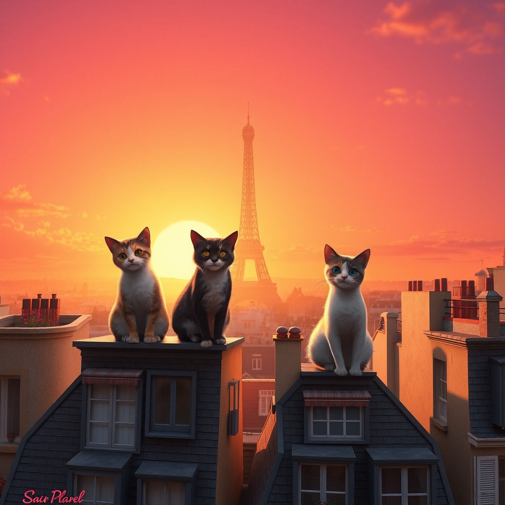Parisian Cats at Sunset: A Retro Travel Poster