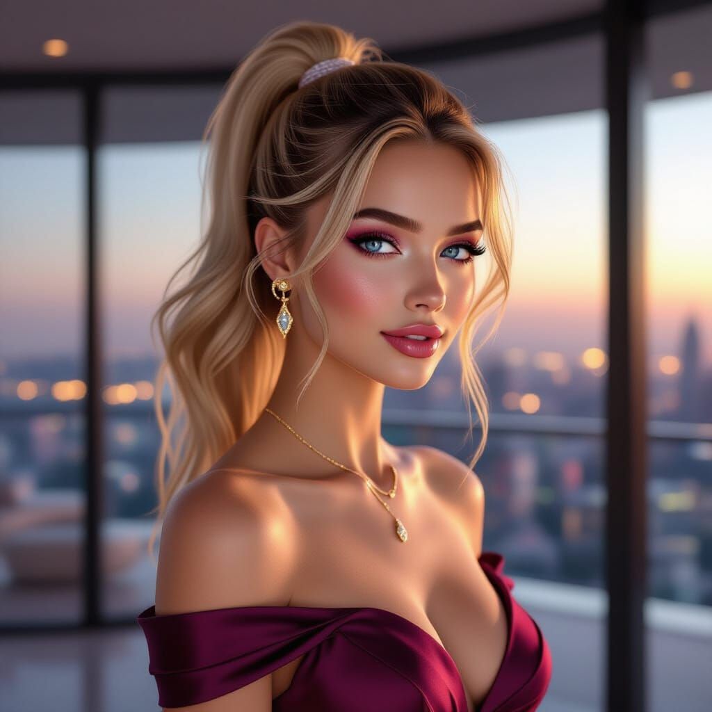 Woman in Rose Dress at Dawn Penthouse