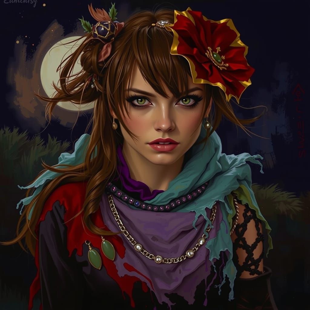 Glamorous Woman on Windswept Moor at Twilight Oil Painting