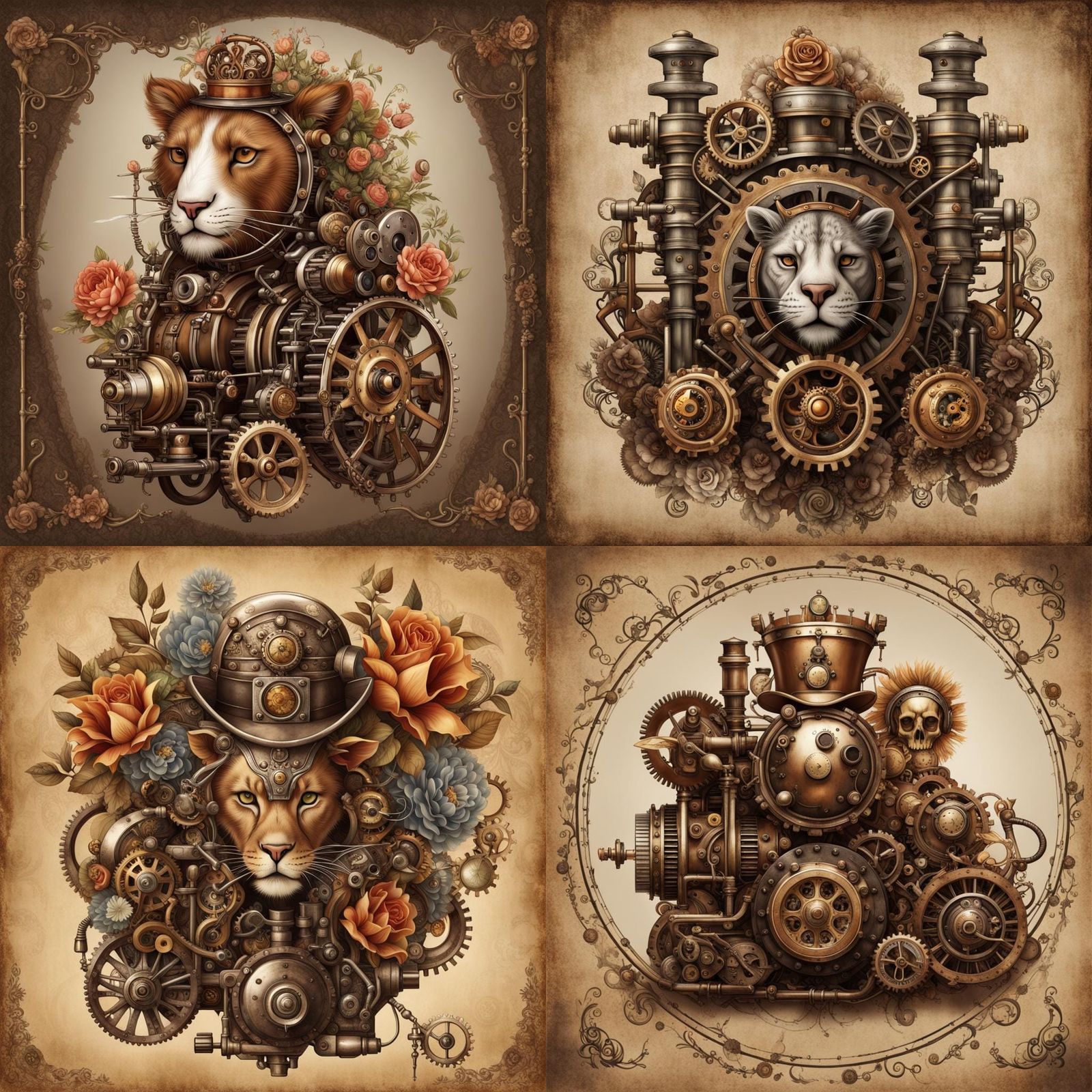 Lion with Floral Crown and Steampunk Engine