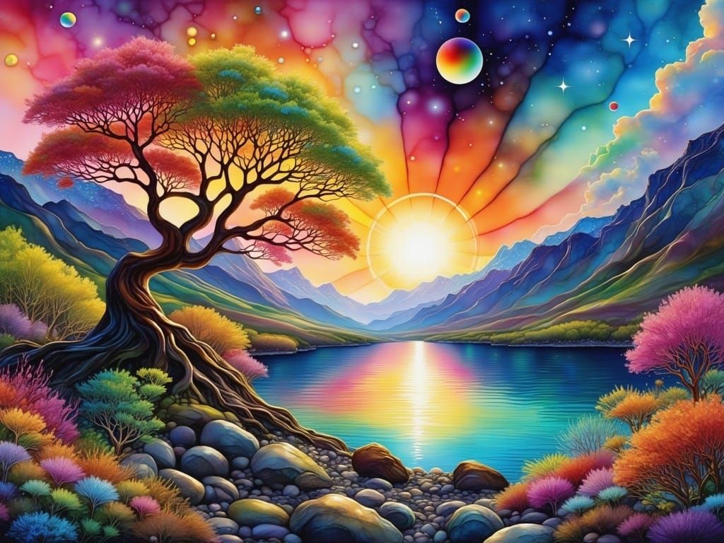 Ethereal Springtime Landscape with Majestic Tree and Tranqui...