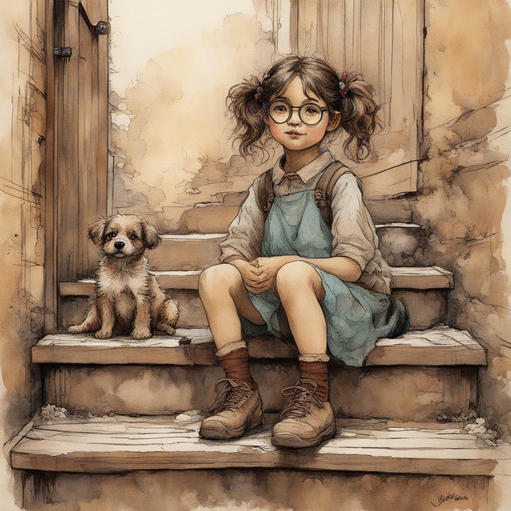 Girl with Puppy: Vintage-Style Oil Painting