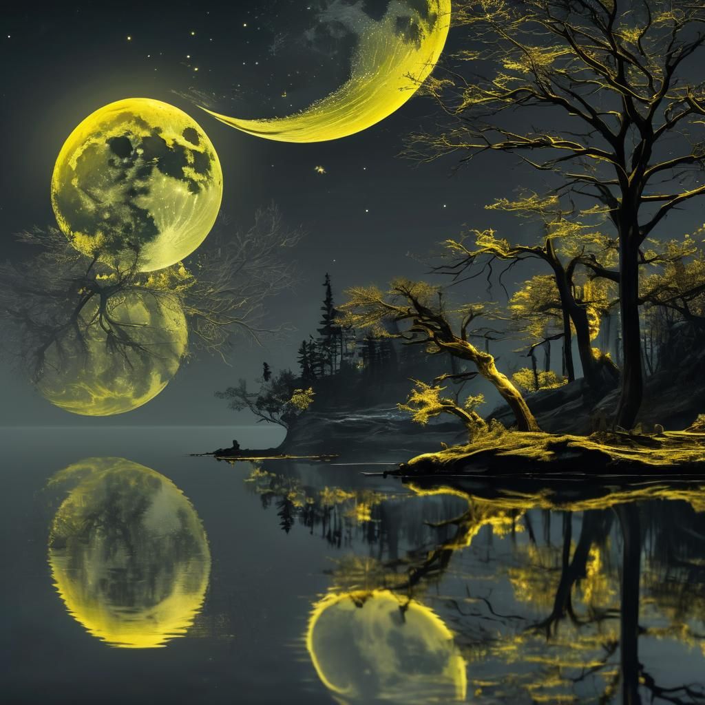 Neon Fractal Moon Shining on Silver Lake