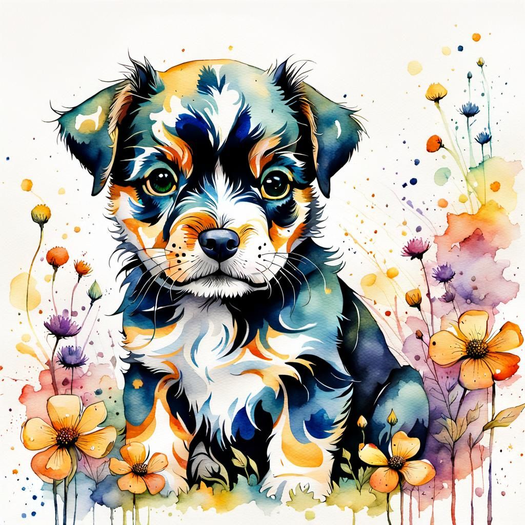 Watercolor Puppy in a Whimsical Wonderland
