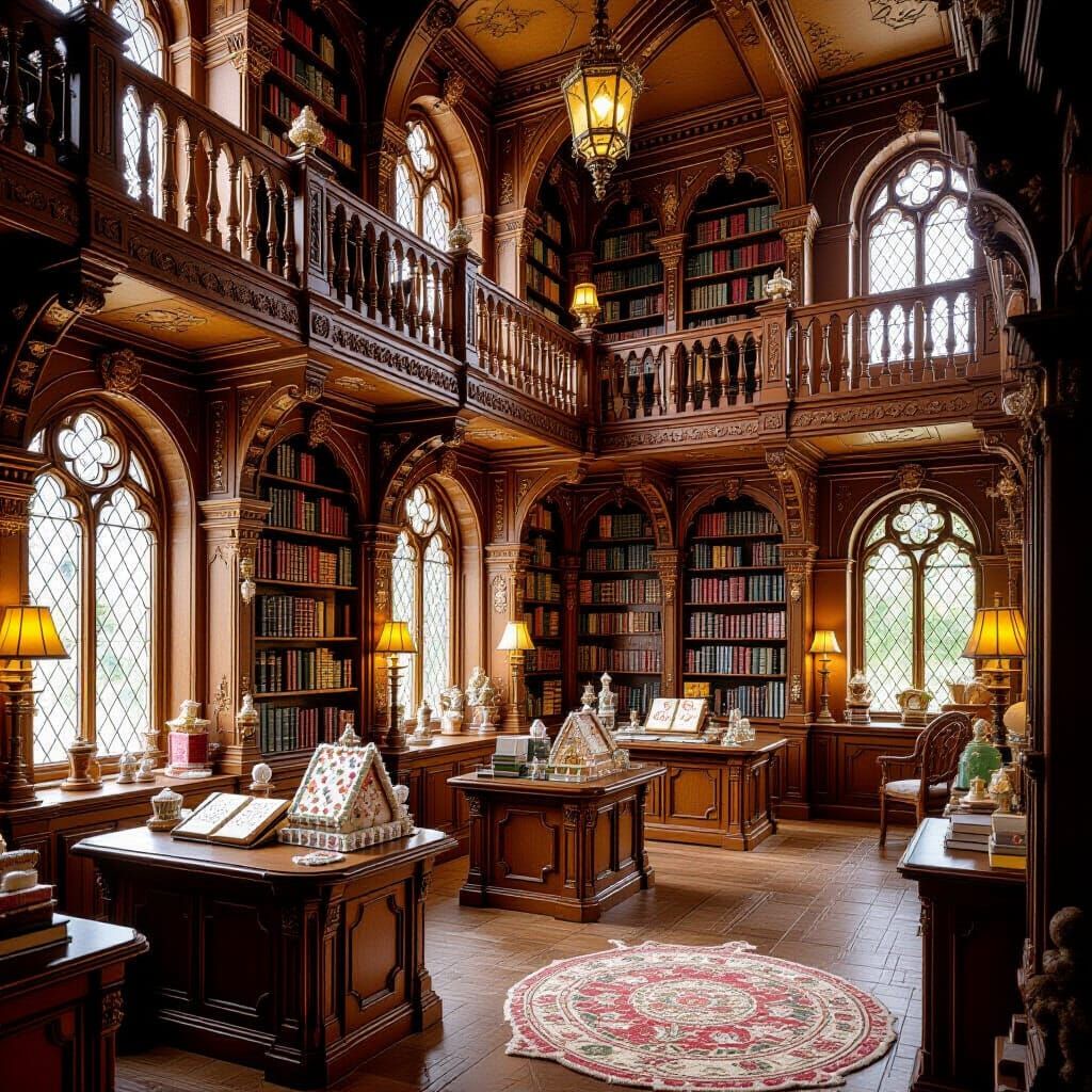 Whimsical Gingerbread Library in Fairytale Setting