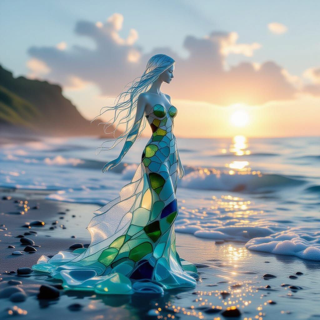 Ethereal Sea Glass Figure on Misty Shore