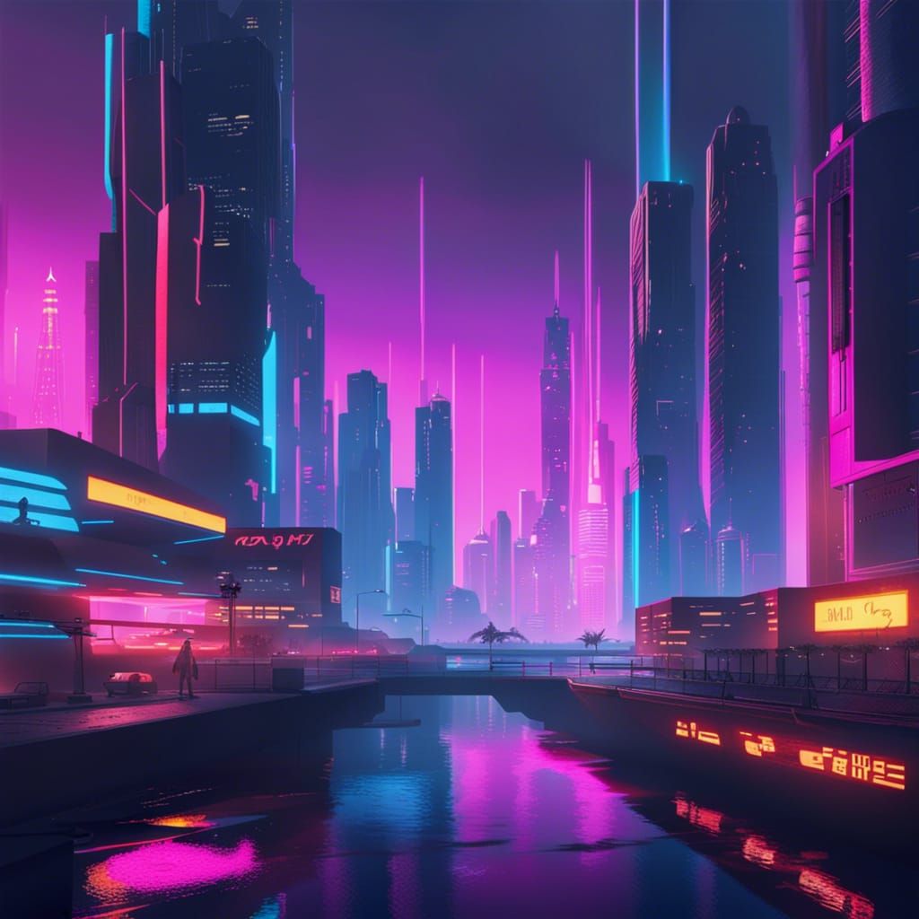 Cyberpunk Cityscape with River in Daylight
