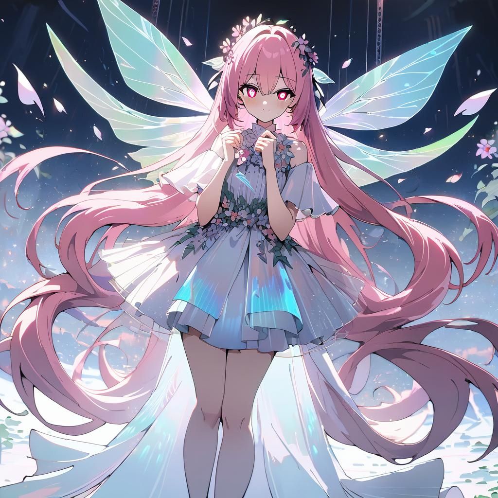 Beautiful Fairy with Holographic Wings and Flower Dress