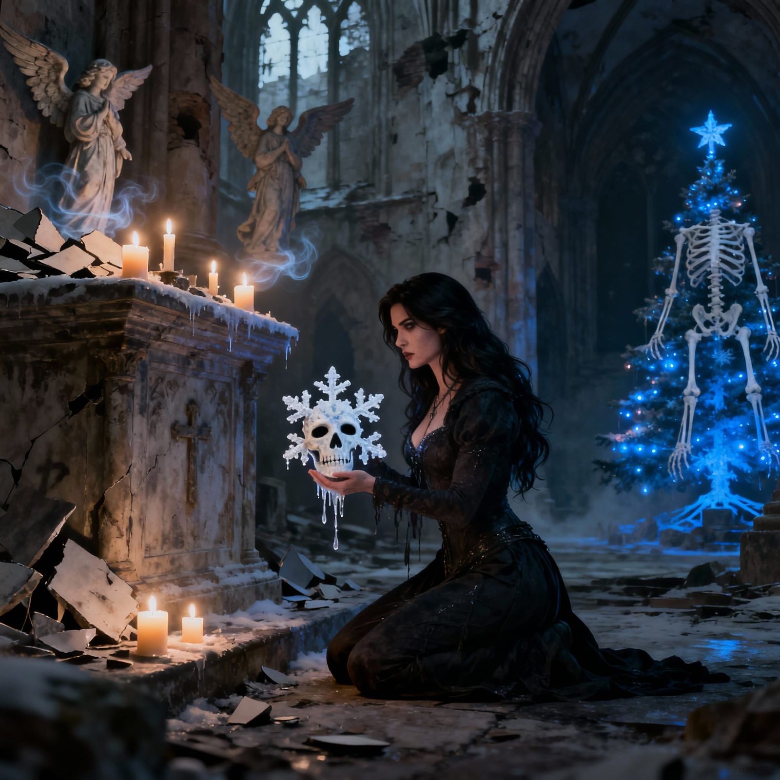 Gothic Sorceress Holds Death Mask Snowflake in Ruined Cathed...