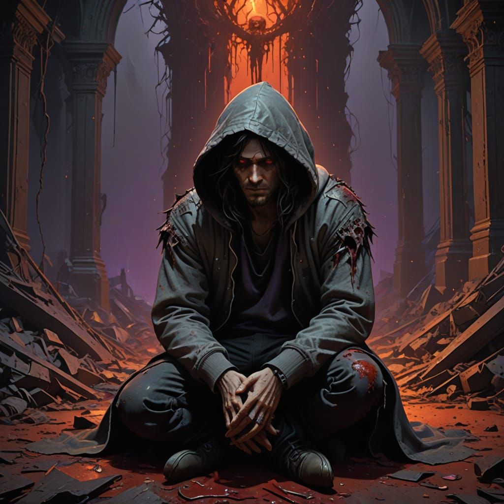 Grief-Stricken Man in Desolate Ruins
