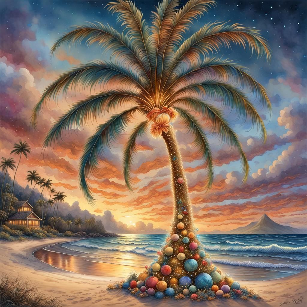 Christmas Palm Tree on Hawaii Beach: Watercolor Art