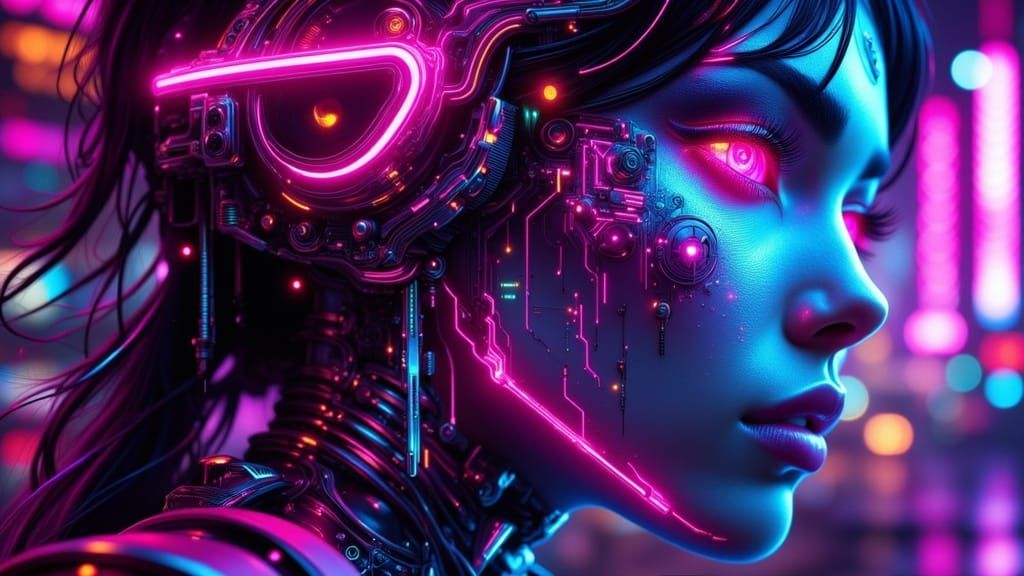 Cyberpunk Couple in Neon Dystopian Cityscape