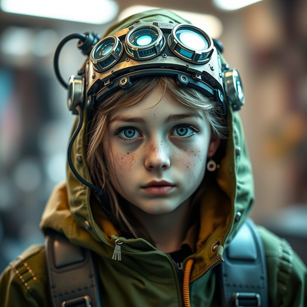 Cyberpunk Princess Portrait with Olive Hooded Jacket