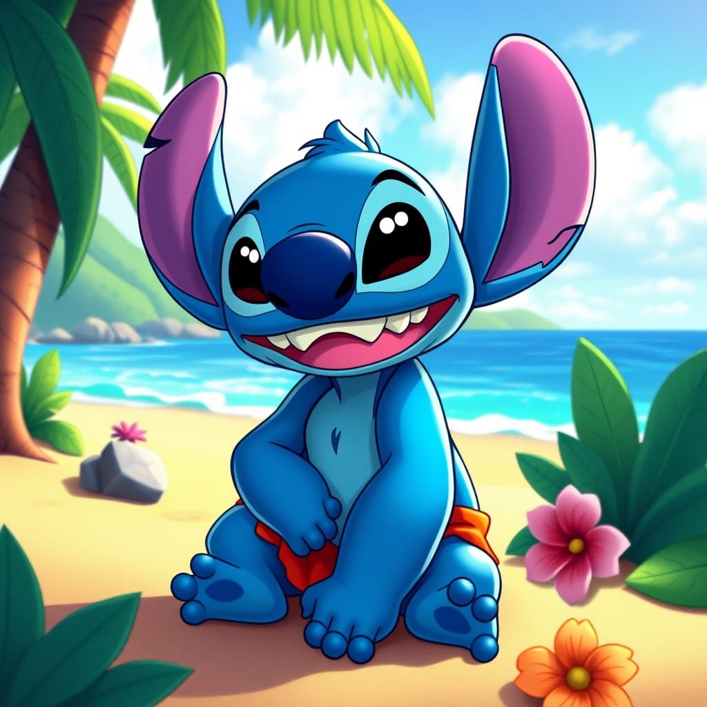 Stitch on a Hawaii Beach in Disney Animation Style