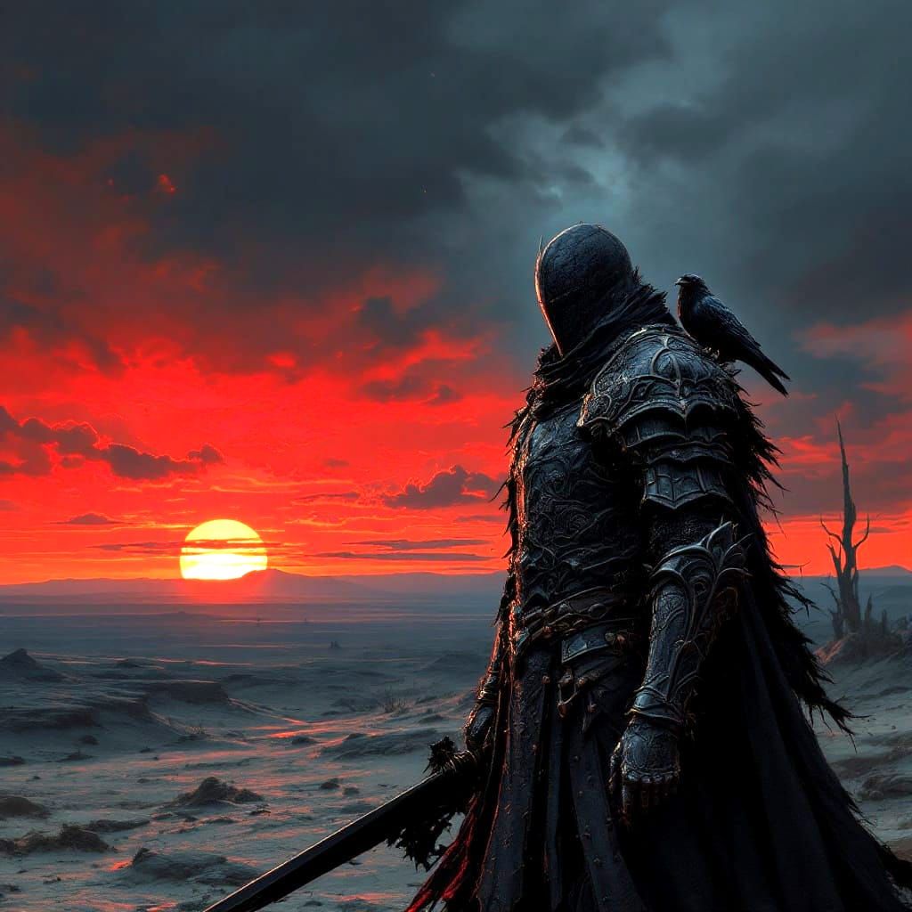 Gothic Knight Silhouetted Against a Crimson Sunset