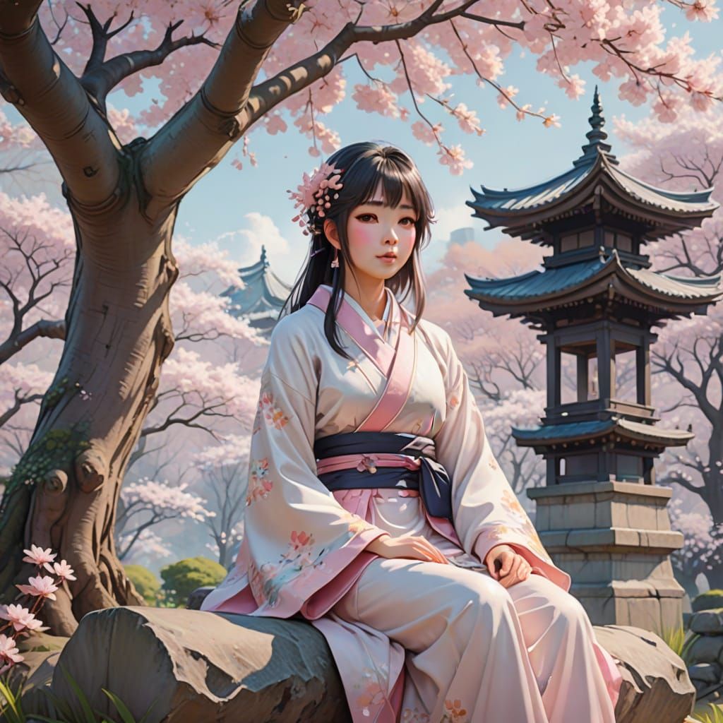 Whimsical Anime Girl in Cherry Blossom Forest