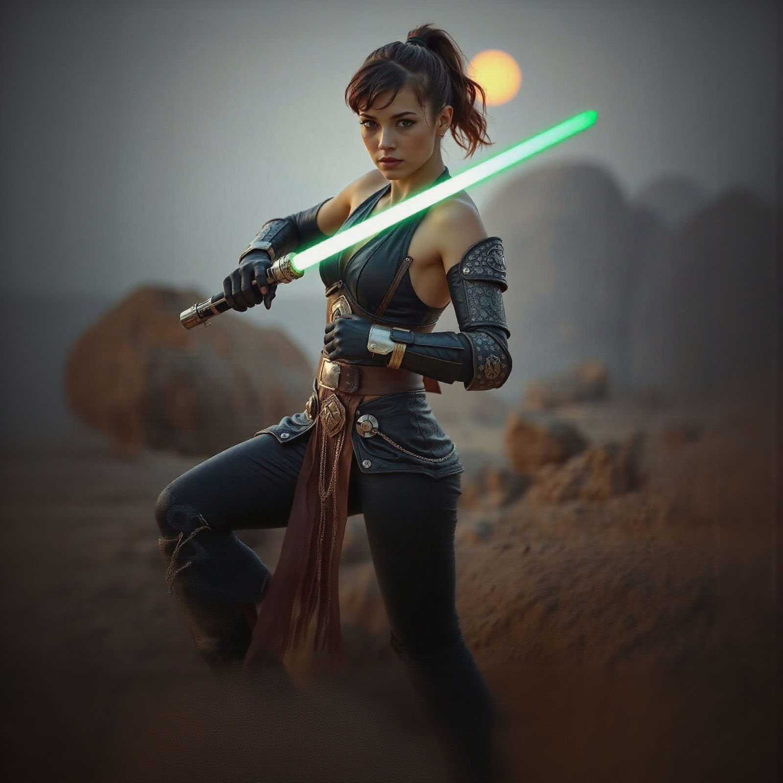 Heroic Female Jedi Warrior in Cyberpunk Armor