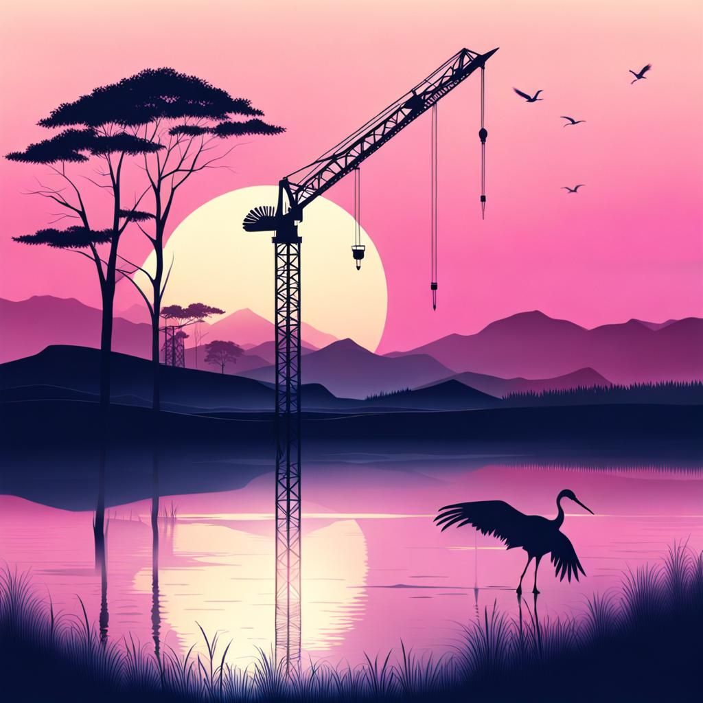 Luminescent Landscape with Crane