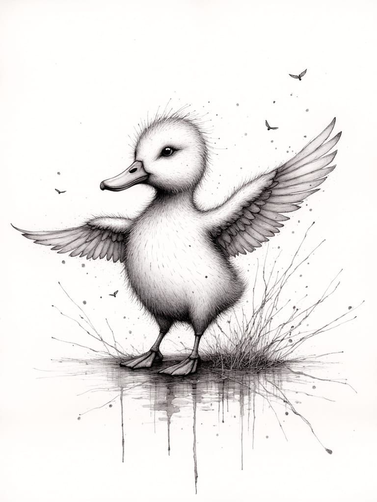 Dancing Duckling in Crosshatching Ink Style