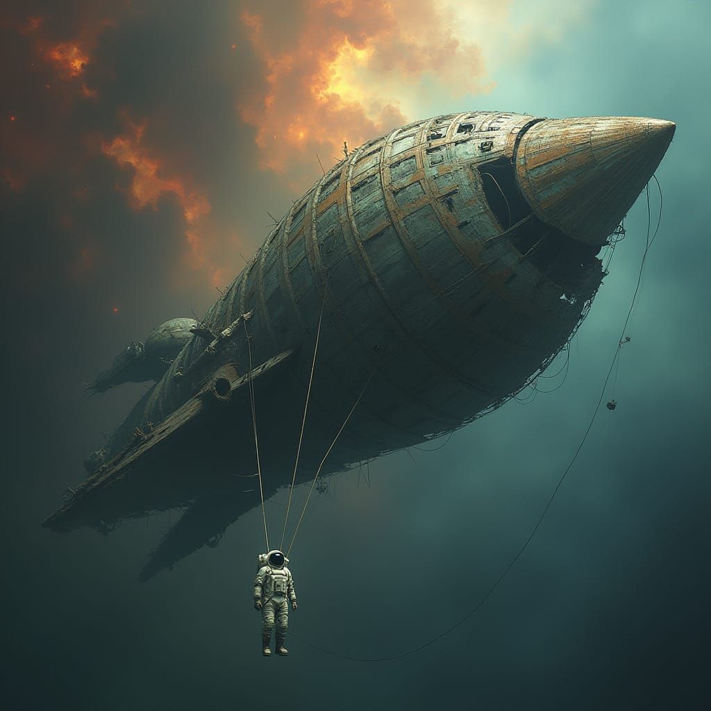 Astronaut Adrift Near Alien Birdcage Ship