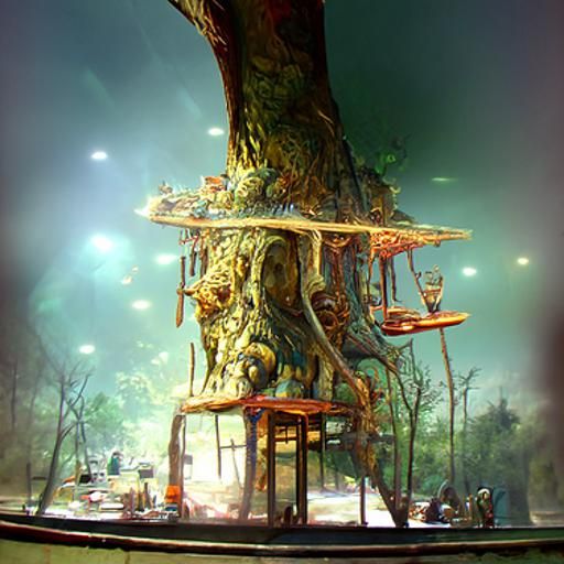Restaurant on Giant Tree in Lovecraftian Solar Punk Style