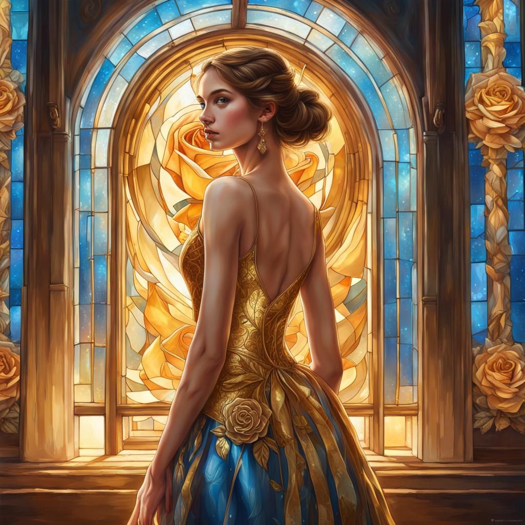 Girl in Golden Gown in Ancient Hall