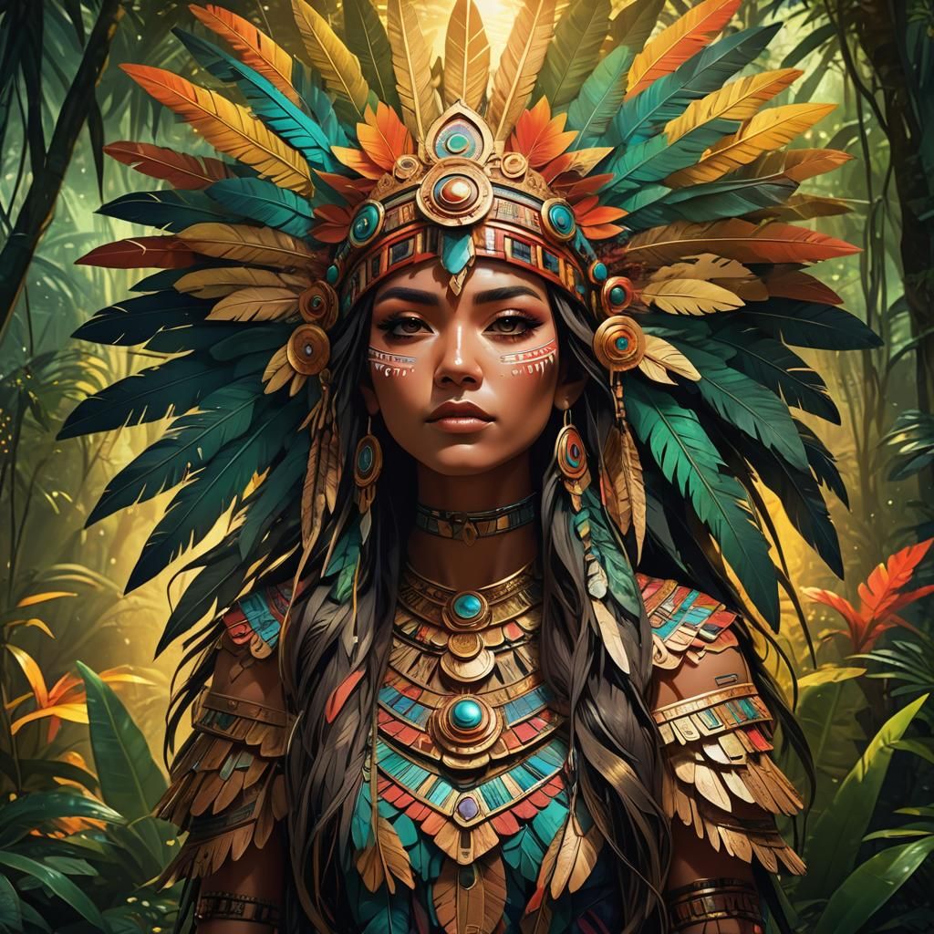 Aztec Woman in Jungle, Anime-Inspired Digital Art