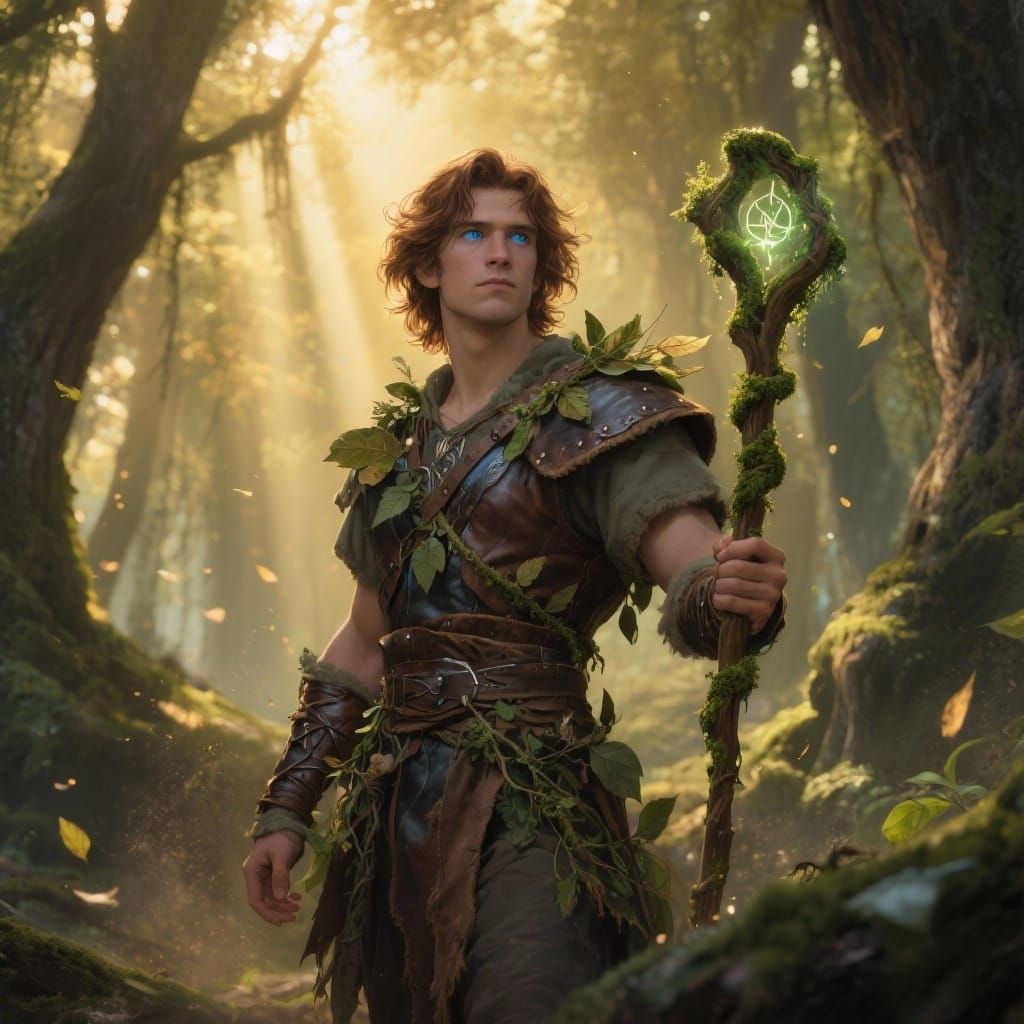 Half-Elf Druid in Sun-Dappled Forest